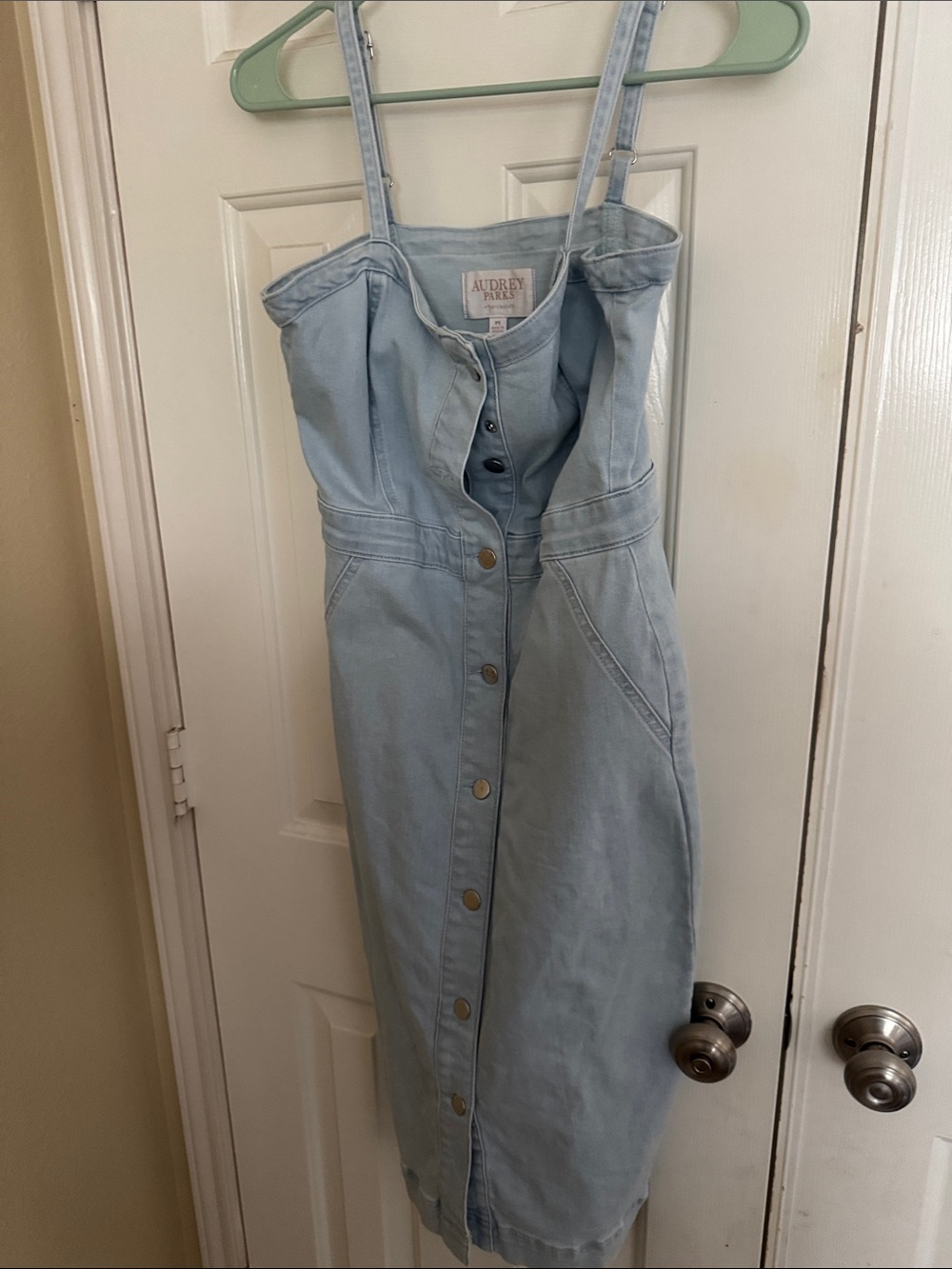Francesca's Collections Light Blue Denim Button-Front Midi Dress